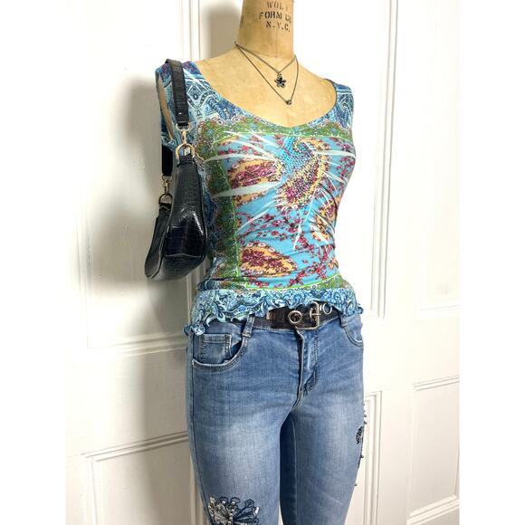 Live and let live Bohochic multicolor retro print rank with studded neckline - Picture 1 of 7